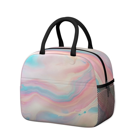 Insulated Lunch Bag for Women, Floral Print Oxford Fabric Lunch Box, Leakproof Thermal Cooler Tote for Work, School & Picnic, Turquoise Marble Pattern