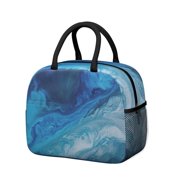 Insulated Lunch Bag for Women, Floral Print Oxford Fabric Lunch Box, Leakproof Thermal Cooler Tote for Work, School & Picnic, Turquoise Marble Pattern