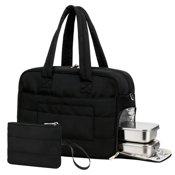 Insulated Lunch Bag for Women Large Lunch Tote with Laptop Compartment 17.3" Waterproof Nylon Work Bag Convertible Travel Tote with Shoulder Strap, Black