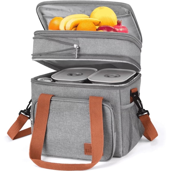 Insulated Lunch Bag for Women Men, 17L Dual Coimpartment Reusable Lunch Box Cooler Bag, Expandable Leakproof Lunch Tote Bag with Side Pocket Adjustable Shoulder Strap for Office, Picnic, Beach, Gray