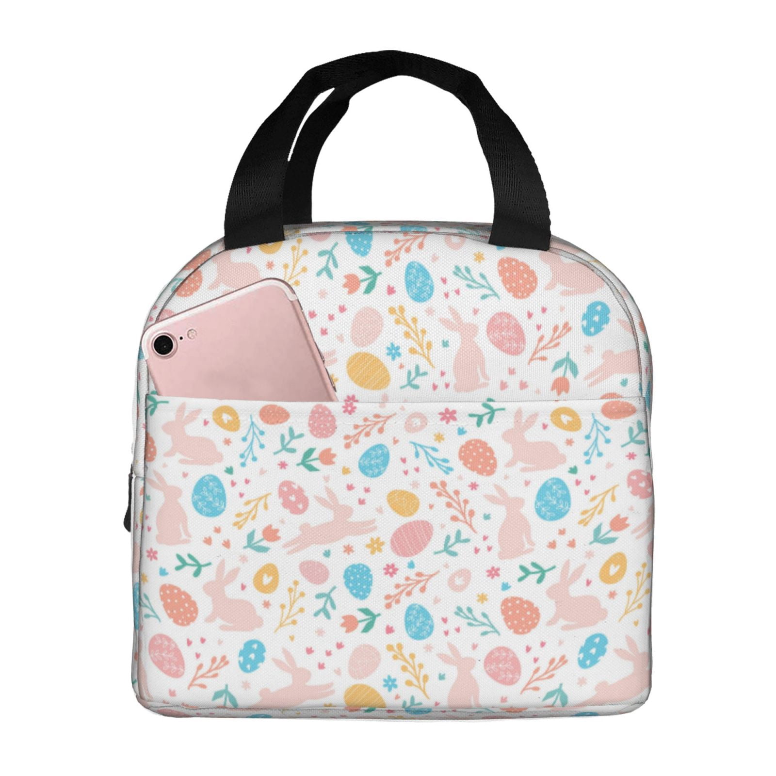 Insulated Lunch Bag for Women Men - Bohemian Patterned Egg Cute Rabbit ...