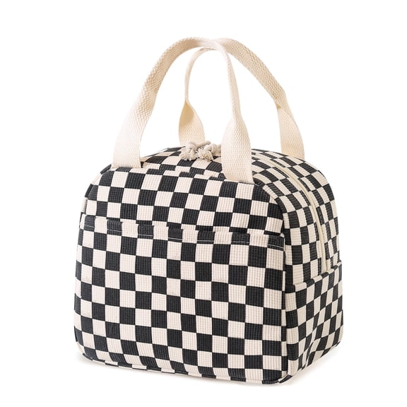 Insulated Lunch Bag for Women Men, Cute Corduroy Lunch Box Tote Bag Reusable Leakproof Bento Cooler Bag for Work Picnic Travel (Black White Checkered)