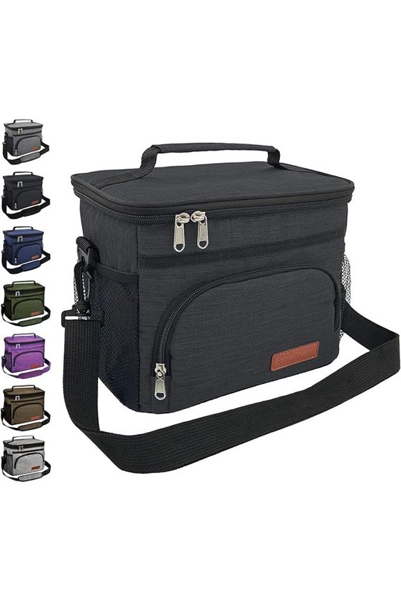 Insulated Lunch Bag for Women and Men, Leakproof Reusable Lunch Box with Adjustable Shoulder Strap, Large Cooler Tote Bag Organizer for Office, Picnic, Hiking and Beach, Black