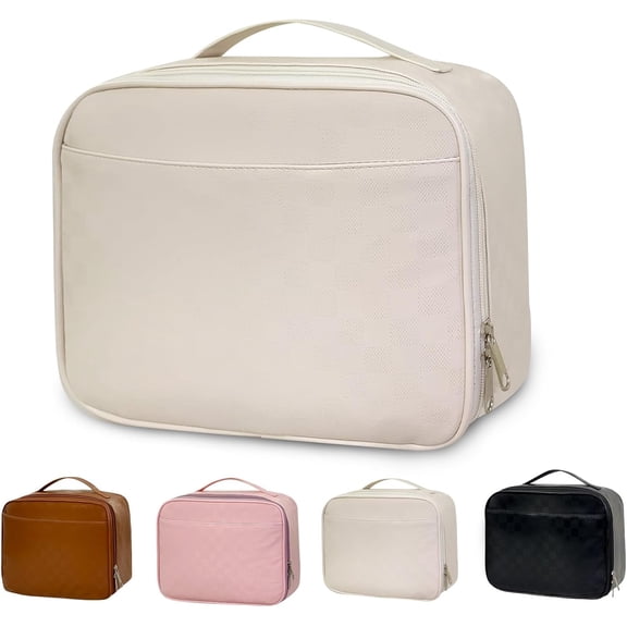 Insulated Lunch Bag for Women Men,  Lunch Box PU Leather Lunch Tote Bag Cooler Bag Meal Prep Containers with Exterior & Interior Mesh Pockets for Work Picnic Beach Travel (Beige White)