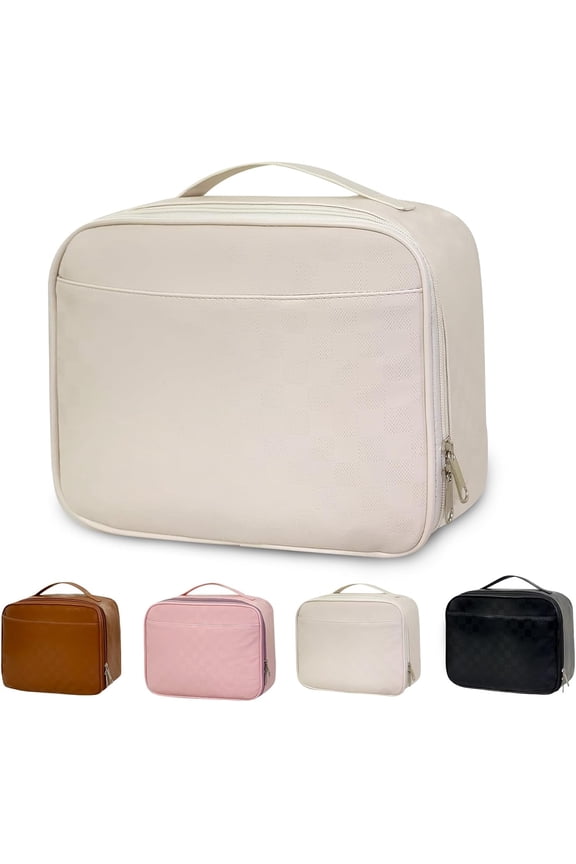 Insulated Lunch Bag for Women Men,  Lunch Box PU Leather Lunch Tote Bag Cooler Bag Meal Prep Containers with Exterior & Interior Mesh Pockets for Work Picnic Beach Travel (Beige White)