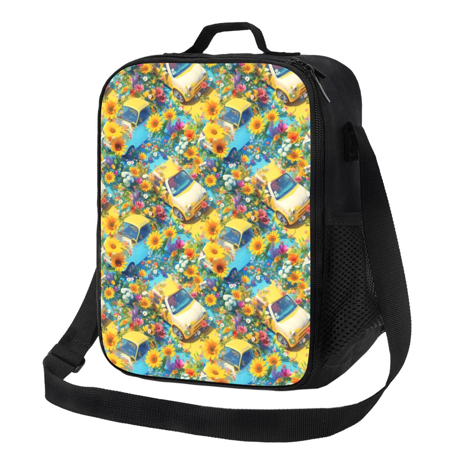 Insulated Lunch Bag for Women Men, yellow car colorful sunflower