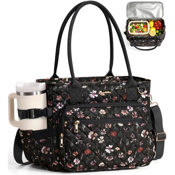 Insulated Lunch Bag for Women, Quilted Lunch Tote Cooler Bag with 40oz Cup Holder & Strap,14L Leakproof Lunch Box for Work Office Teacher Nurse Picnic Travel, Black Floral