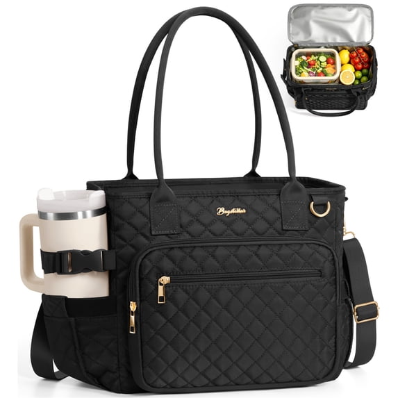Insulated Lunch Bag for Women, Quilted Lunch Tote Cooler Bag with 40oz Cup Holder & Strap,14L Leakproof Lunch Box for Work Office Teacher Nurse Picnic Travel, Black