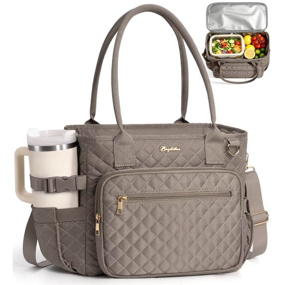 Insulated Lunch Bag for Women, Quilted Lunch Tote Cooler Bag with 40oz Cup Holder & Strap,14L Leakproof Lunch Box for Work Office Teacher Nurse Picnic Travel, Taupe