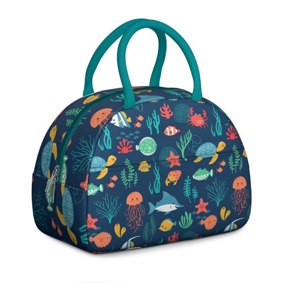 Insulated Lunch Bag Women, Reusable Fish Turtle Jellyfish Crab Dark Blue Tote Lunch Box, Leakproof Cooler Lunch Bags for Work Office Travel Picnic