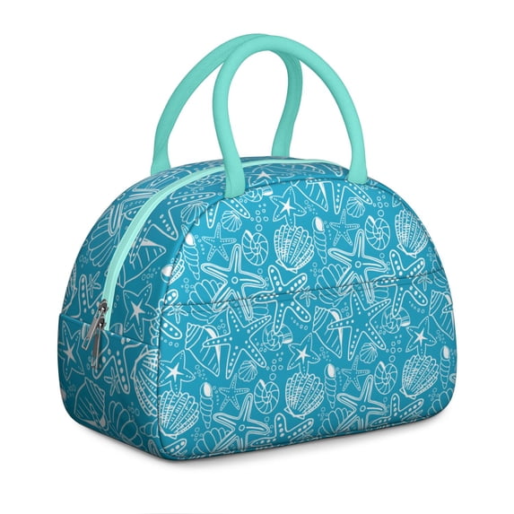 Insulated Lunch Bag Women, Reusable Seashells and Starfish Blue Tote Lunch Box, Leakproof Cooler Lunch Bags for Work Office Travel Picnic
