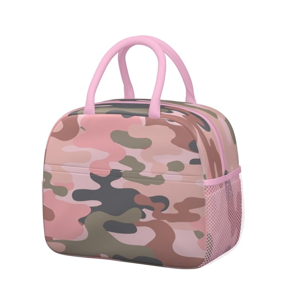 Insulated Lunch Bag for Women, Floral Print Oxford Fabric Lunch Box, Leakproof Thermal Cooler Tote for Work, School & Picnic, Pink Camo Print