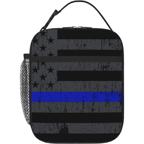 Insulated Lunch Bags Thin Blue Line Vintage Retro American Flag Black Lunch Bag For Ladies, Unisex Lunch Tote Bag Reusable Portable Lunch Bag Handbag With Pocket