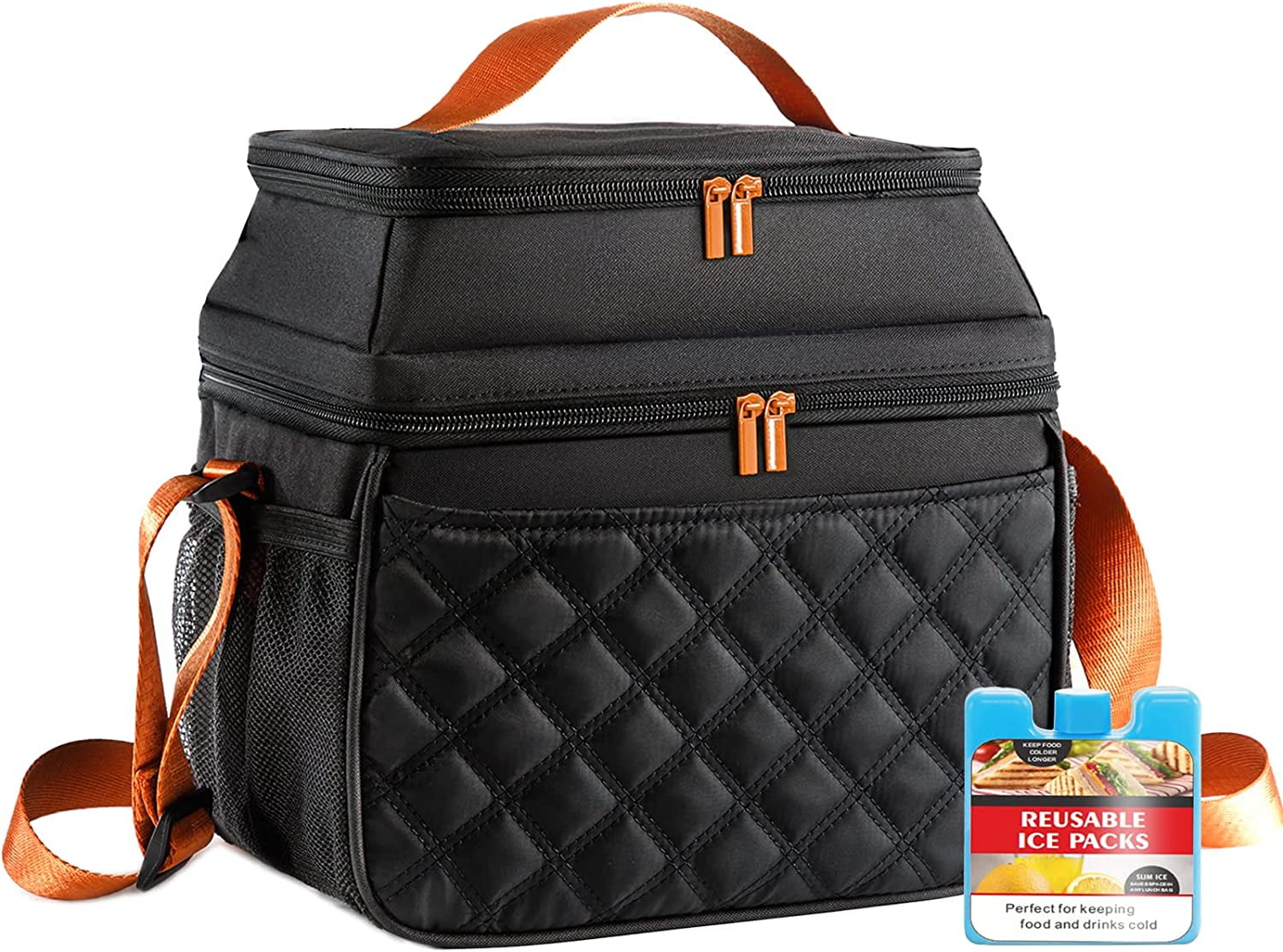Insulated Lunch Bags with Ice Pack, Double Layer Lunch Bag for Work and School Black