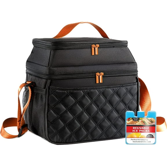 Insulated Lunch Bags with Ice Pack, Double Layer Lunch Bag for Work and School Black