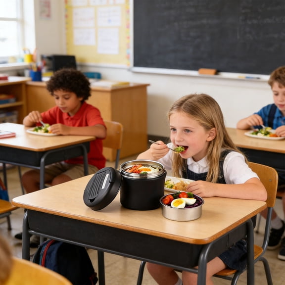 Insulated Lunch Box 1.2l with 3 Compartments for Temperature Control, Slim Vacuum Bento for Office with Foldable Spoon and, Black, Stainless Steel, by IHXORA