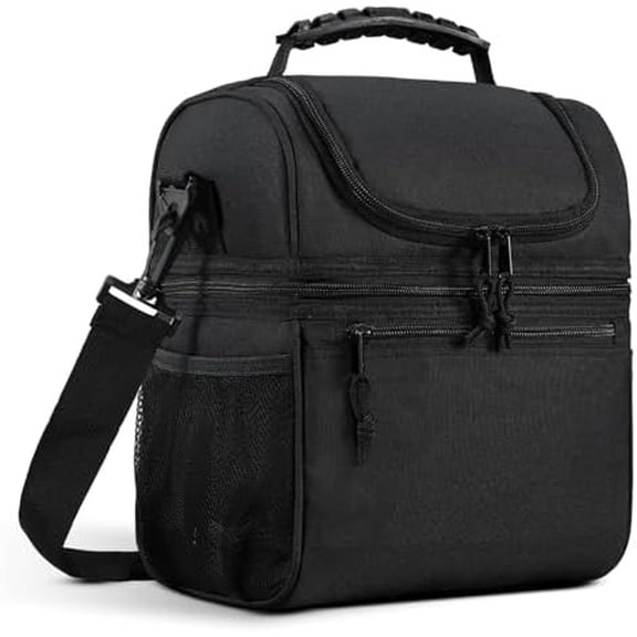 Insulated Lunch Box Dual Compartment Lunch Bag Leakproof Cooler for Men Women Adult Work, Black, Medium (Upgraded Extra-Tall Bottom Layer)