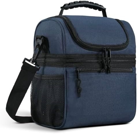 Insulated Lunch Box Dual Compartment Lunch Bag Leakproof Cooler for Men Women Adult Work, Navy Blue, Medium (Upgraded Extra-Tall Bottom Layer)