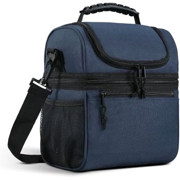 Insulated Lunch Box Dual Compartment Lunch Bag Leakproof Cooler for Men Women Adult Work, Navy Blue, Medium (Upgraded Extra-Tall Bottom Layer)