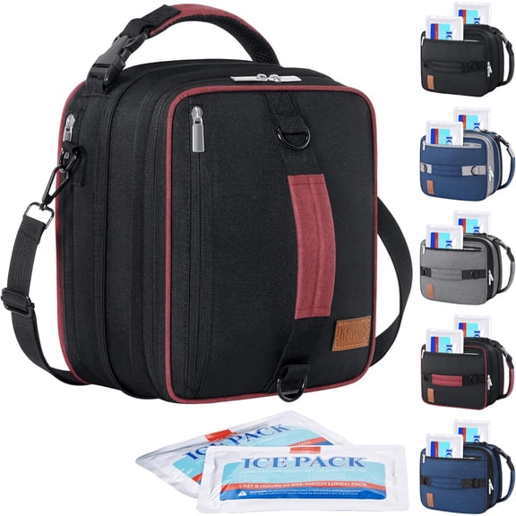 Insulated Lunch Box for Men, Expandable Cooler Bag, Freezable Lunch Bag for Women with 2 Ice Packs and  Straps for Work Travel College, 8.2L Black and Red