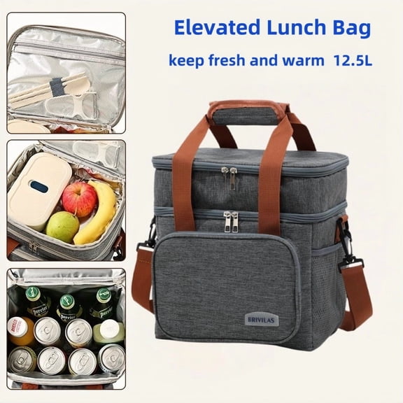 Insulated Lunch Box for Men & Women - Collapsible Cooler Bag Leakproof Double Deck, Large 12.5L Adult Lunch Bags for Work, Travel - Black Lunch Bag Cooler Lunch Box with Adjustable Strap, (Gray)