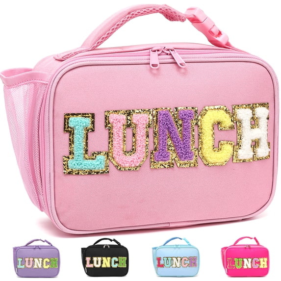 Lunch Box for Kids Boys Girls Men Women, Insulated Lunch Bag with Buckle Handle for School Work Picnic Travel, Reusable Leakproof Lunchbox Cooler - Chenille Letters, Pink