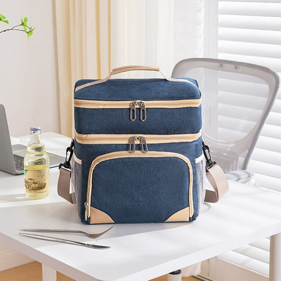 Insulated Lunch Box for Women | Leakproof Double Compartment Cooler Bag | Personalized Adult Tote with Adjustable Strap | Gray/Navy | Large 27x20x30cm | Multi-Pocket Portable Organizer for Work