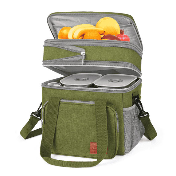 Insulated Lunch Box for Women Men, 17L Large Expandable Dual Compartment Lunch Bag, Leakproof Adult Lunchbox with Shoulder Strap, Cooler Warmer Lunch Bag for Work Picnic Camping, Green