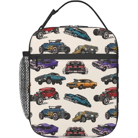 Insulated Lunch Box for Toddler Cars Lunch Box for Work,Picnic,,Travel,Hiking,Beach or Fishing Polyester Cars Vintage Colorful Theme Lunch Bag