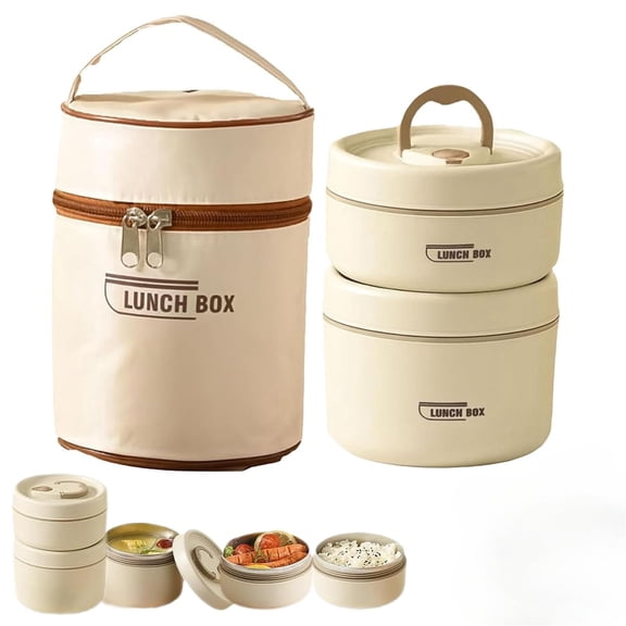 Insulated Lunch Container Set, Stackable Stainless Steel Bento Box with Bag, Beige, 2-4 Tier