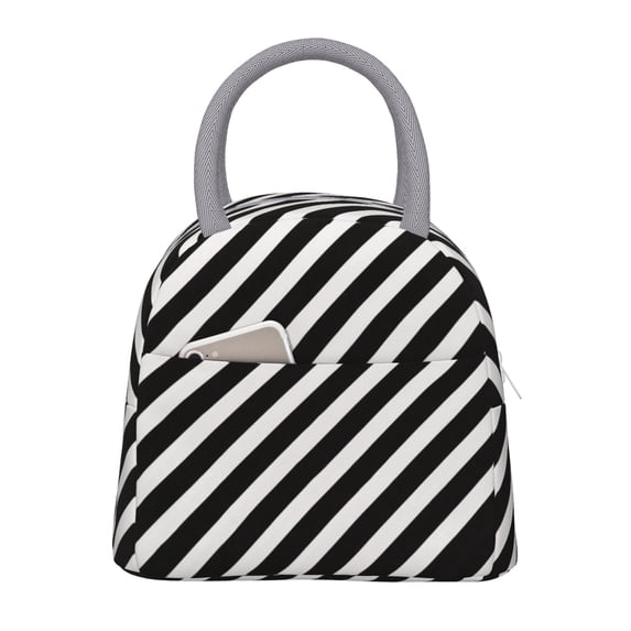 Insulated Lunch Tote Bag Black And White Stripes Lunch Bag for Women Men Light Grey