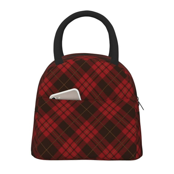 Insulated Lunch Tote Bag Black Red Tartan Lunch Bag for Women Men Black
