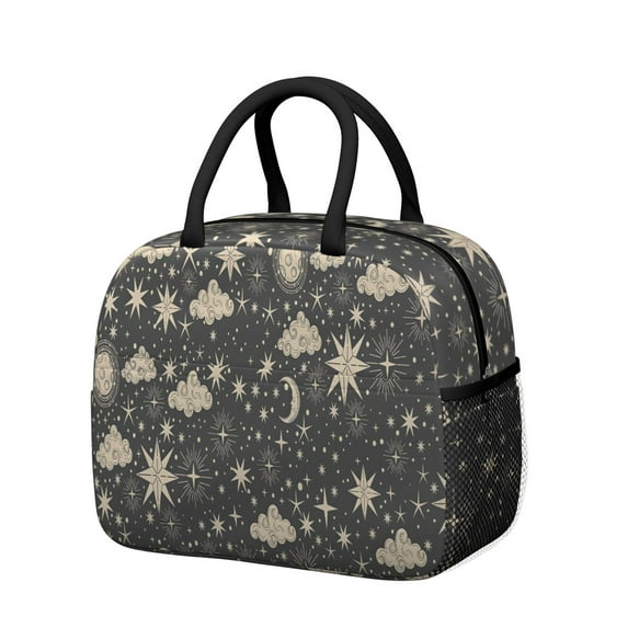 Insulated Lunch Tote Lunch Box for Women Men,Gothic Black Stars and Moon Zipper Closure Lunch Tote Small Leakproof Cute Lunch Cooler with for Work Picnic Camping
