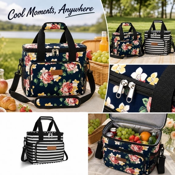 Insulated Lunch Tote for Women, Navy Floral 13X10X11In Lunch Bag Women Insulated, Meal Prep Lunch Bag, Car Picnic Insulated Drink Cooler Bag, Features Top Carry Handle and