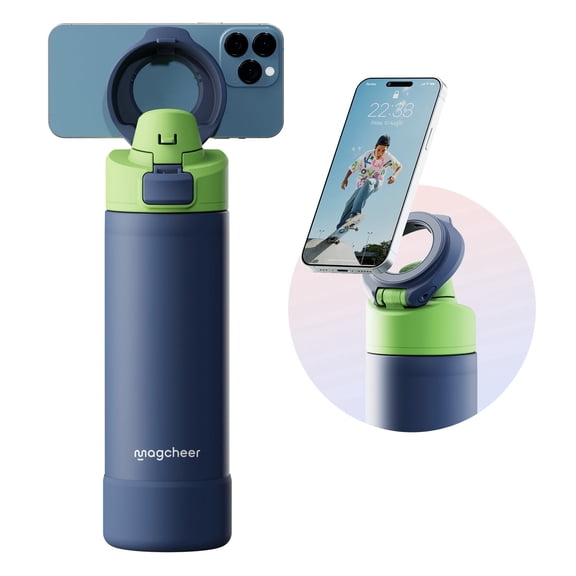 Magcheer Insulated Magnetic 24oz Blue Stainless Steel Water Bottles with MagSafe Compatible Phone Holder