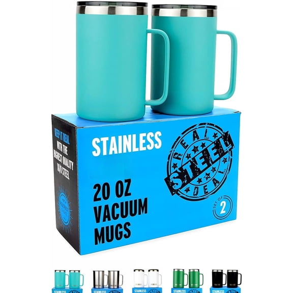 Insulated Mug with Handle and Lid - Stainless Vacuum Coffee Cup, Set of 2, 20 oz - Large Double Wall Coffee or Cup, Thermal Camping Mug Keeps Drinks Hot, That Keeps Cold