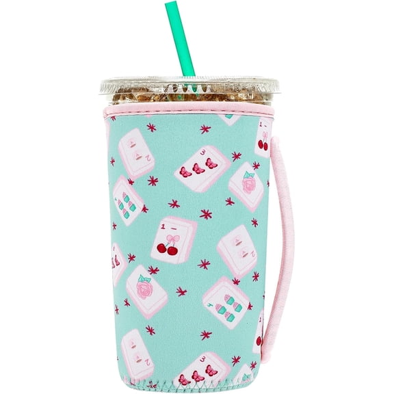 Insulated Neoprene Cup Sleeve for Iced Coffee & Cold Soda Reusable & Sweatproof, Keeps Drinks Cold Longer, Coffee Coolie for Hot & Iced Drinks (Mahjong, Large: 32oz)