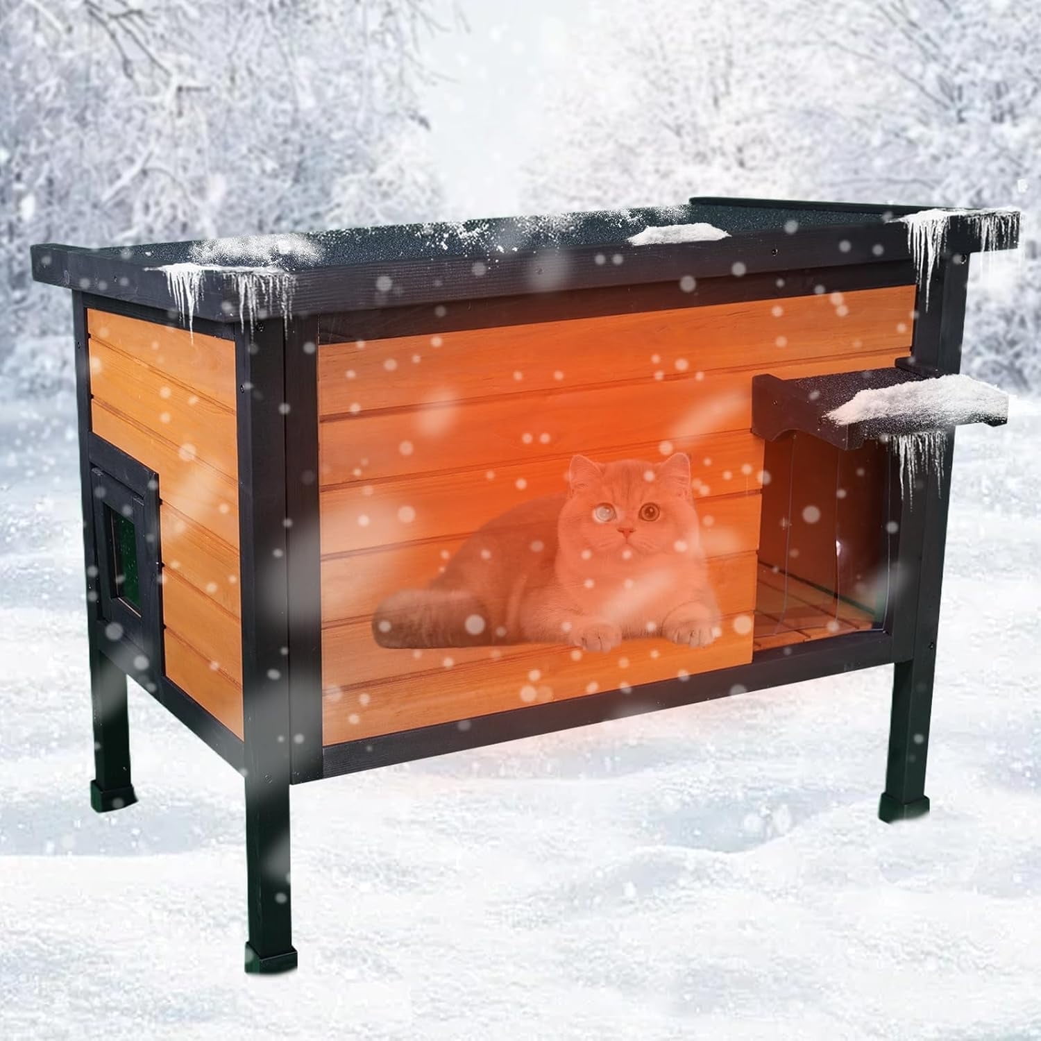 Insulated Outdoor Cat House Outside Feral Cat Enclosure Shelter Weatherproof for Winter with 2 Escape Doors