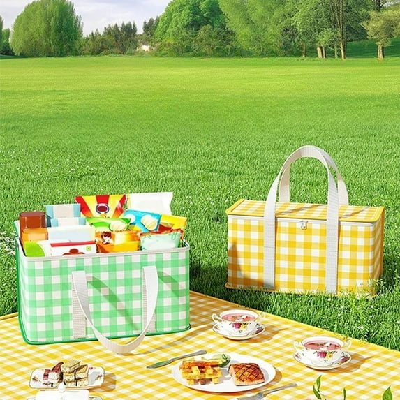 Insulated Picnic Bag | Large Capacity Foldable Cooler Tote for Food & Drinks | Durable Non-Woven Fabric | Thick Aluminum Foil Lining | Lightweight Portable | 35x20x20cm | Green or Yellow