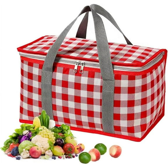 Insulated Picnic Bag Reusable,Beach Bag Cooler Bags, Cooler Bags with Zippered Top - Insulated Bag for Hot or Cold,Picnic,Beach,Food Delivery, Outdoor (13.8x7.9x7.9 in) (Red)
