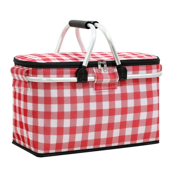 Insulated Picnic Basket, Portable Cooler Tote with Ice Pack Compartment, Leak-Proof Outdoor Lunch Bag for Beach Camping, Foldable, Cuxi Basket Red