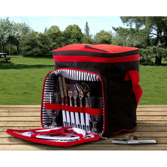 Insulated Picnic Basket Set - Lunch Tote Backpack Cooler w/ Utensils and Plates red Black