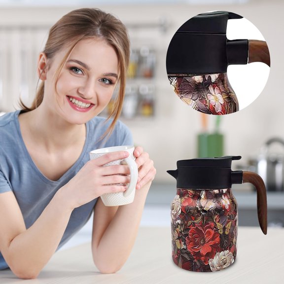 Insulated Pitcher, Coffee Carafe, 34Oz Vacuum, Wood Handle, Thermal Coffee Carafe, Red Floral Butterfly, Home & Kitchen, Locking Lid, Large Capacity, 1 Pc