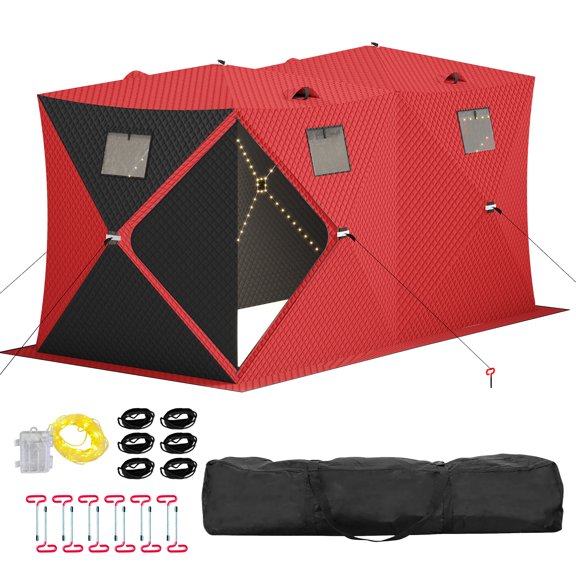 Insulated Pop-Up Ice Fishing Shelter for 5-8 Anglers – Windproof Hub Tent with Double Zipper Doors, Dual 49ft LED Light Strips, 69 sq ft Fishable Area – Red + 2 Side Black | 141.73x70.8x77.74INCH