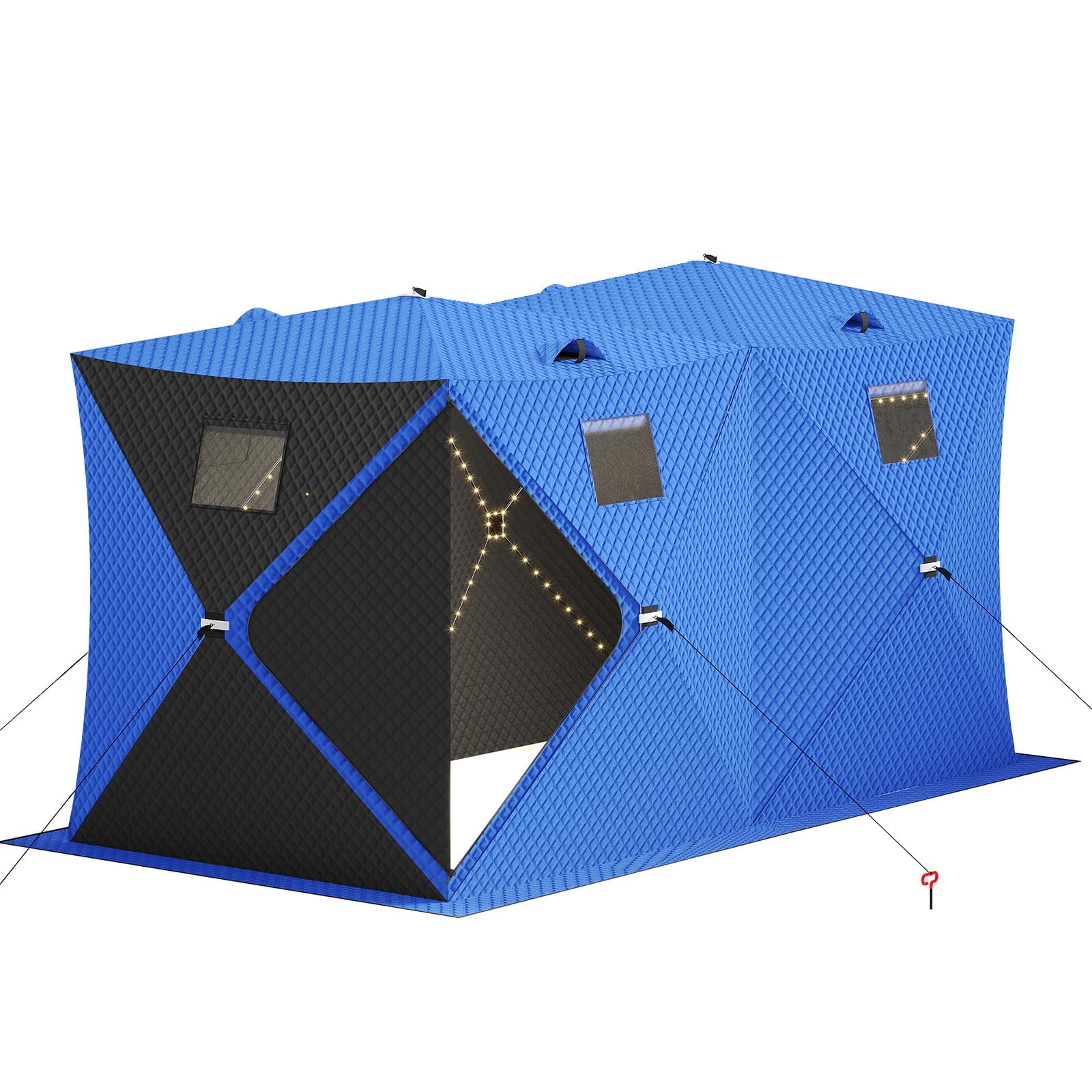 Insulated Pop-Up Ice Fishing Shelter for 6-8 People – Double Zipper Doors, 69 sq ft Space, 2x49ft LED Light Strips, Carry Bag, 141.73x70.8x77.74in | Comes with 2 battery packs and 2 15m light strips
