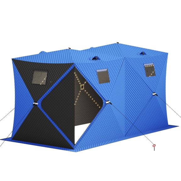 Insulated Pop-Up Ice Fishing Shelter for 6-8 People – Double Zipper Doors, 69 sq ft Space, 2x49ft LED Light Strips, Carry Bag, 141.73x70.8x77.74in | Comes with 2 battery packs and 2 15m light strips