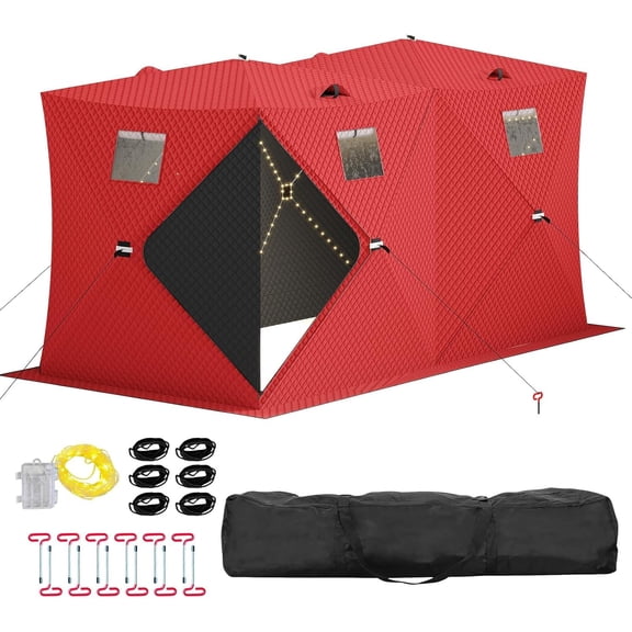 Insulated Pop-Up Ice Fishing Tent for 6-8 People – Double Zipper Doors, 69 sq ft, 2x49ft LED Light Strips, Battery Packs – Red, 141.73x70.8x77.74in | Comes with 2 battery packs and 2 15m light strips