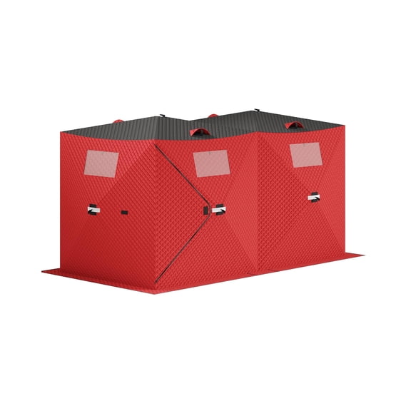 Insulated Pop-Up Ice Fishing Tent – 6-8 Person 3-Layer Waterproof & Windproof Shelter, Quick Setup, Spacious & Durable, Zippered Door, Anchors| 141.73*70.8*77.74 INCH | Red + black ; 360*180*197