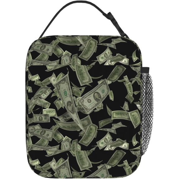 Insulated Portable Lunch Tote for Men and Women - Thermal Cooler Bag with Hundreds Of Dollar Bills Money Design - Stylish Black Tote Ideal for Work, Picnic, Office, and HikingUnisex Outdoor Indoor