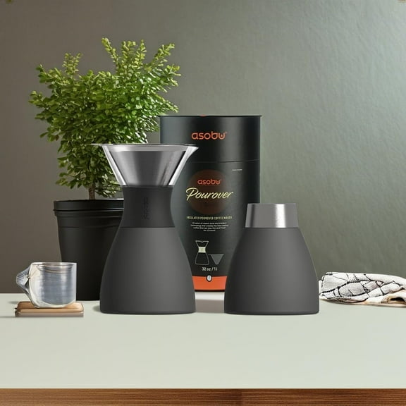 Insulated Pour Over Coffee Maker (32 oz.) Double-Wall Vacuum, Stainless-Steel Filter and Take on the Go Carafe (Smoke)
